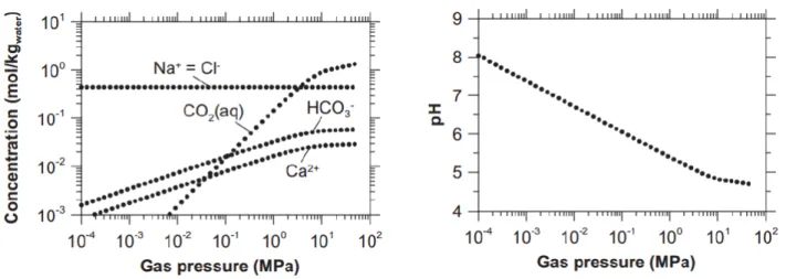 Figure 2. Concentrations of the most important chemical species (CO 2(l) , HCO 3 – , Ca 2+ , Cl – ) and pH as a function of gas pressure