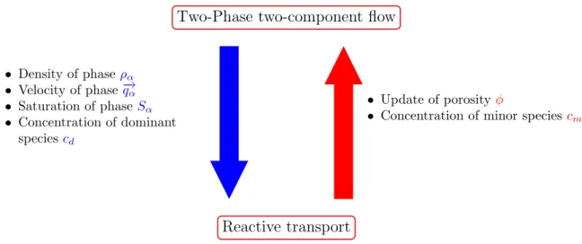 Figure 1. Coupling procedure between flow and reactive transport modules.