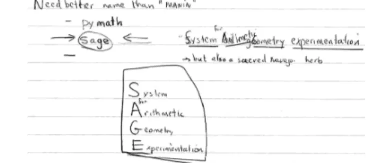 Figure 1.1 – La première apparition du nom de Sage, sur un carnet de W. Stein. Ori- Ori-ginellement Sage était aussi un acronyme ; lorsque le système s’est élargi à l’ensemble des mathématiques, seul le nom de la sauge — sage en anglais — est resté.