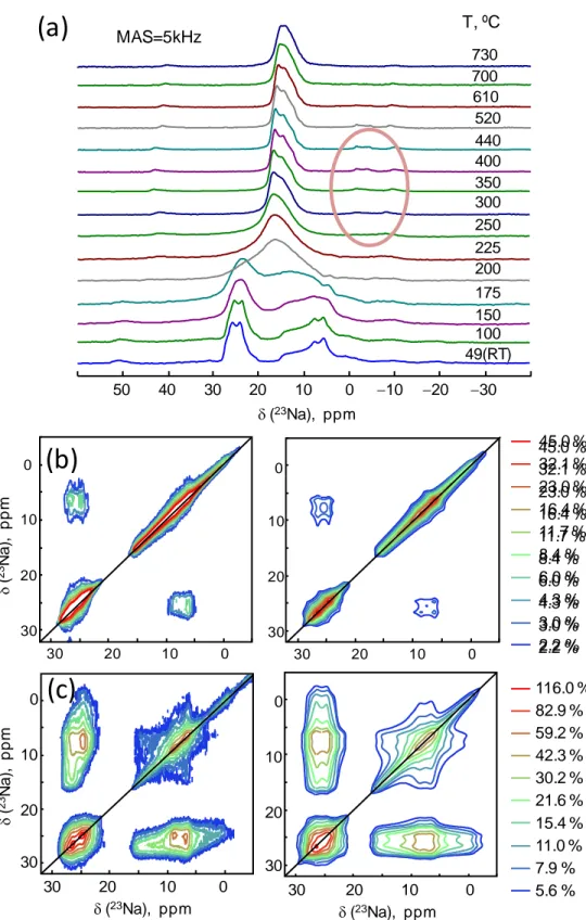 Figure 6. (a)  23 Na NMR spectra recorded at 17.6 T and MAS 5 kHz as a function of temperature.