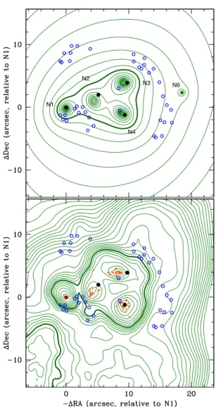 Figure 4. Top: Map of total mass in the cluster core, recon- recon-structed using lenstool , and averaging over the posterior PDF.