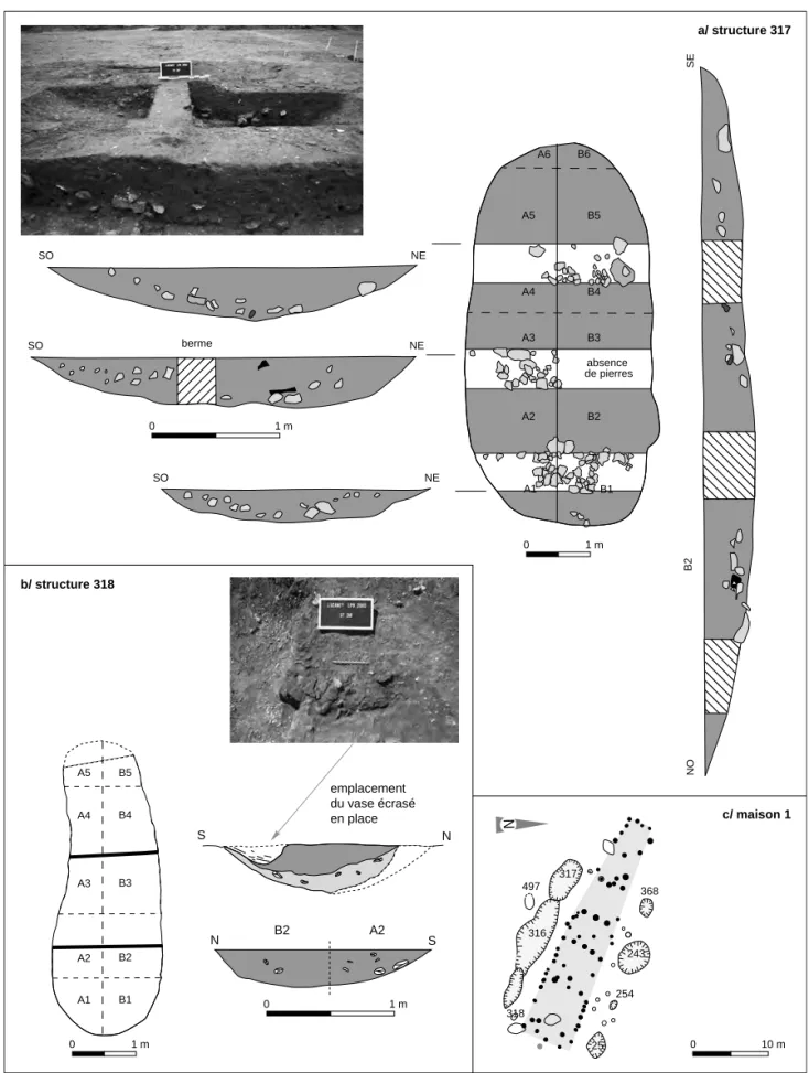 Fig. 13 : a : plan, coupe et photo ( ’ Y. Lanchon, Inrap) de la structure 317 ; b : plan et coupe de la structure 318 ( ’ Y