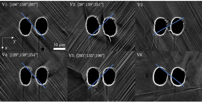 Figure 8: Comparison of the voids shapes for 6 di ff erent pairs of voids at 12.7% macroscopic plastic strain on the reference material sample