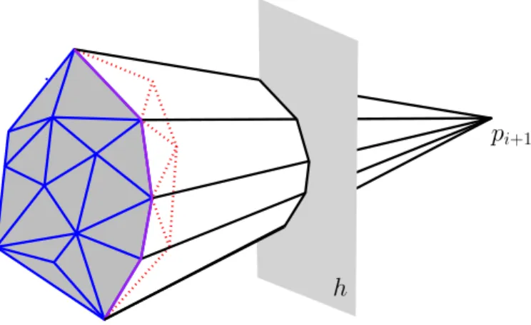 Figure 3.2: When adding point p i+1 , the set of purple facets of conv(P i ) is isomorphic to a (d − 1)-polytope with at most i vertices.