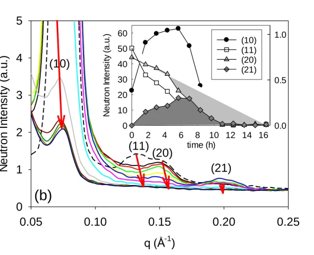 FIG. 2. Time evolution of the neutron diffraction patterns of empty SBA-15 (dashed line), and  SBA-15 filled with (a) contrast matching isotopic mixtures comprising only toluene and (b)  tert-butanol