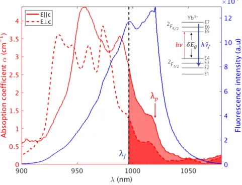 Figure 2. Room temperature absorption coefficient α = α r + α b (red) for parallel (solid) and perpendicular (dashed) polarizations and fluorescence emission spectra (blue) for a pump at λ p = 1020 nm polarized along the c-axis