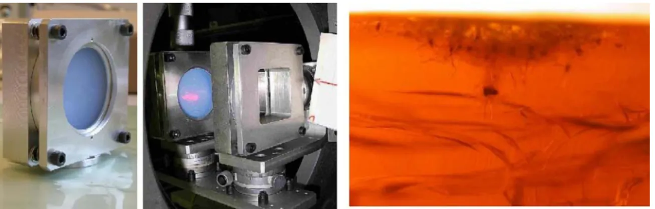 Figure 15 Aerogel collector used on MICA launcher (left and middle pictures) and collected ejecta and spalls (right)  for a 3 km/s impact on a 2mm DDS 