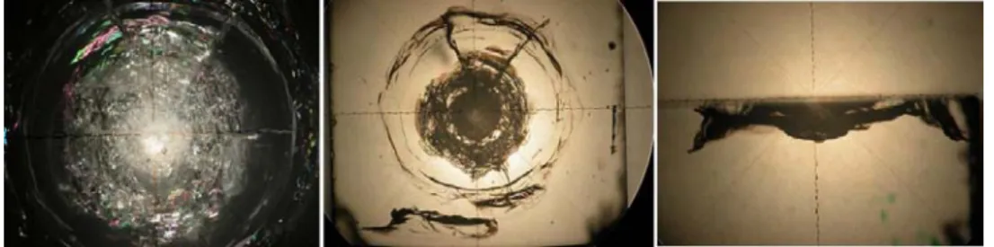 Figure 5 Damages observation caused by a HVI on a MDS at 2745 m/s. The left view is a front-lit view and shows the  compaction area, the middle and right picture are back-lit view internal sample’s damages 