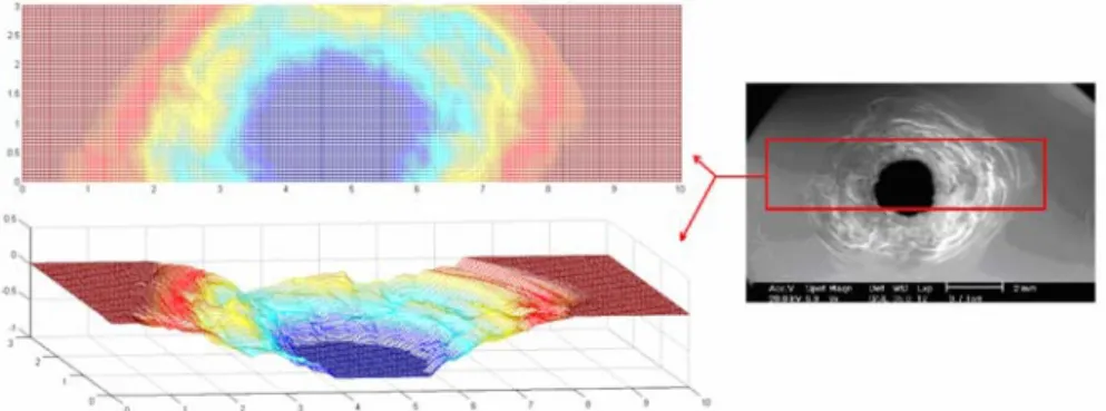 Figure 11 3D topographical profile of the front face of a 2mm DDS impacted at 2.6 km/s and its corresponding SEM  view.Such results have been obtained with a Mahr perthometer available at ENSICA