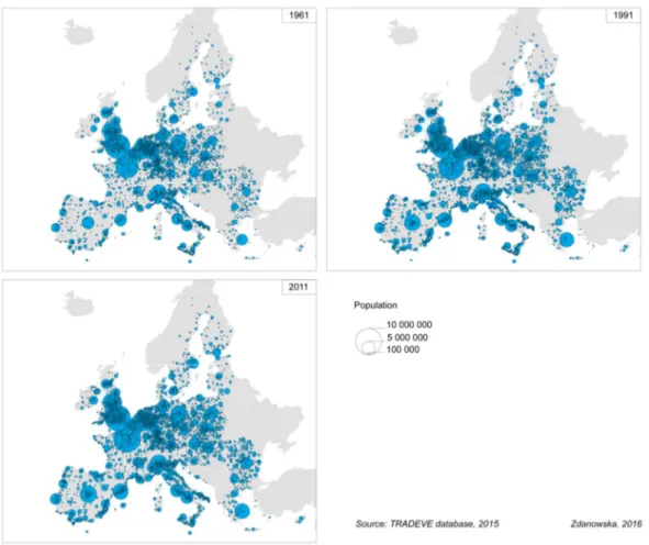 Figure III-4 : Population of urban areas in Europe (1961-2011, Tradeve-UMZ) 