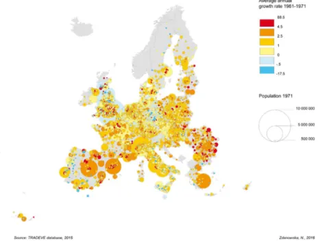 Figure III-6 :  Average annual  growth  rate of  European  urban  areas  between 1961  and  1971 