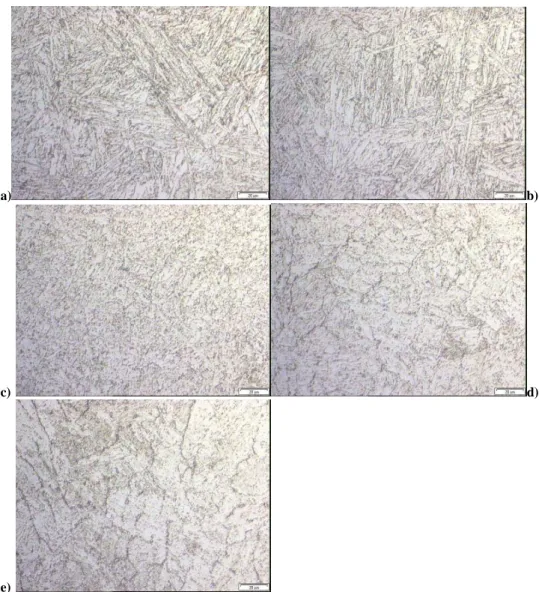 Figure  4:  Optical  observations  of  the  different  areas  of  the  welded  joint:  a)  the  base  metal,  b)  the  intercritical area, c) the FGHAZ, d) the CGHAZ and e) the weld metal.