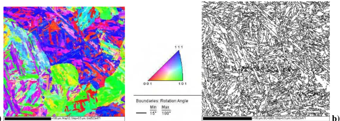 Figure 8: EBSD orientations map a) and boundary map (misorientation >5°) b) of the softened zone