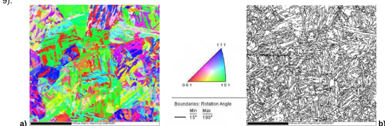 Figure 5 : Cartographie d'orientations EBSD a) et cartographie des joints (désorientation &gt;5°) b) du m étal de base après  traitement post-soudage