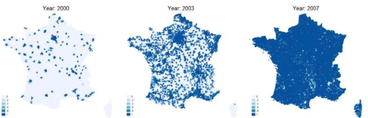 Figure 2: The progressive roll-out of the DSL technology in France – Z e