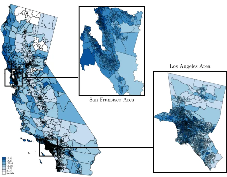 Figure 2: Share of liberal votes in California census tracts (2010-2018 average)