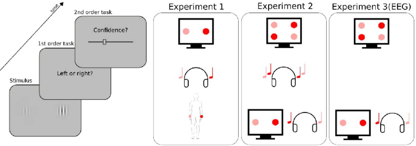 Figure  1:  Experimental  procedure.  Participants  had  to  perform  a  perceptual  task  on  a  stimulus  (first  order  task),  and  then  indicate  their  confidence  in  their  response  by  placing  a  cursor  on  a  visual  analog  scale  (second  o