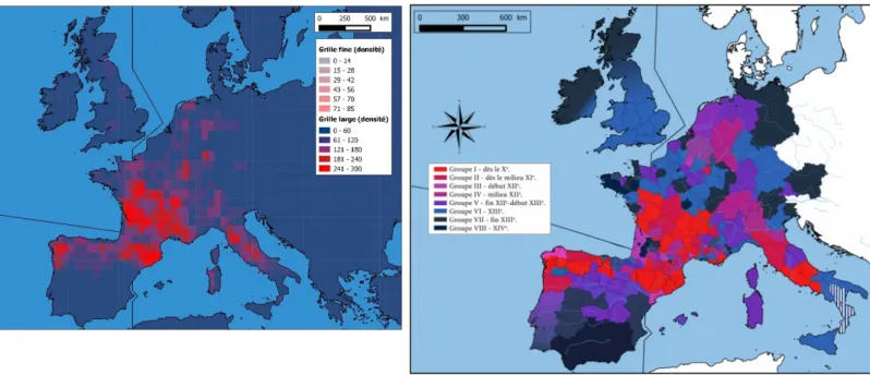 Fig. 3a-b: Distribution of charters and &#34;Romanesque&#34; buildings. (a, left). Mapping of more than  8,600 &#34;Romanesque&#34; buildings based on a geolocation of the Zodiaque collection (La nuit des 