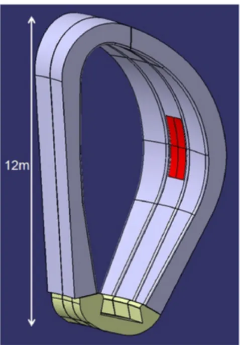 Figure 3: CAD geometry of a sector (22.5 ◦ ) of DEMO - FW in blue - Outer limiter in red - Lower divertor in yellow