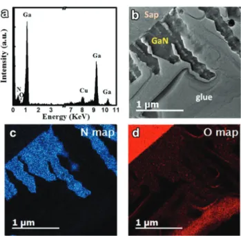 Fig. 5 (a) EDS spectrum obtained from a randomly selected individual GaN nanowire; (b) the typical zero-loss EFTEM image and its chemical mappings of (c) N (from the K edge at 401 eV) and (d) O (from the K edge at 532 eV) elements.