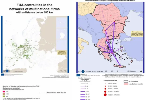 Figure 12.  a) FUA centralities in the network of multinational  firms with a distance below 100km; b) Selected CORDIS  research projects cooperation in Eastern Balkans 