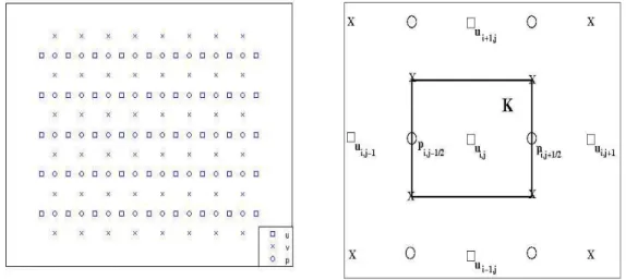 Figure 1: (a) Staggered grid, (b) a cell K corresponding to the first velocity component u.