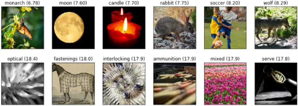 Fig. 3. Top: words with highest visualness. Bottom: words with lowest visualness. The visualness of a word is the inverse of the mean distance (shown in parenthesis) to the mean representation of visual features from the top 100 corresponding images from F