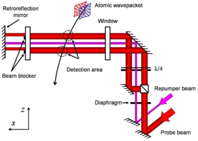 FIG. 3: (Color online) Scheme of the detection system. Two retro-reflected probe beams are generated from the same laser while a repumper beam is inserted between them