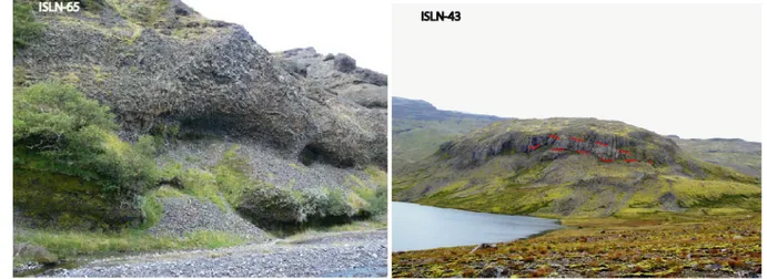 Figure 2 -Examples of sub-glacial and sub-aerial lavas. ISLN-65, Móberg Þórósfell, details on the cube jointed  part of the hyaloclastite unit