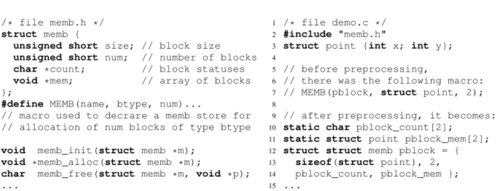 Fig. 1: (a) Extract of file memb.h defining a template macro MEMB, and (b) its usage (in file demo.c) to prepare allocation of up to 2 blocks of type struct point