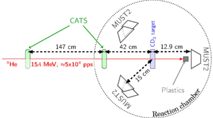 FIG. 1. (color online). Schematic diagram of the experimental setup. Trapezium shapes represent MUST2 modules.