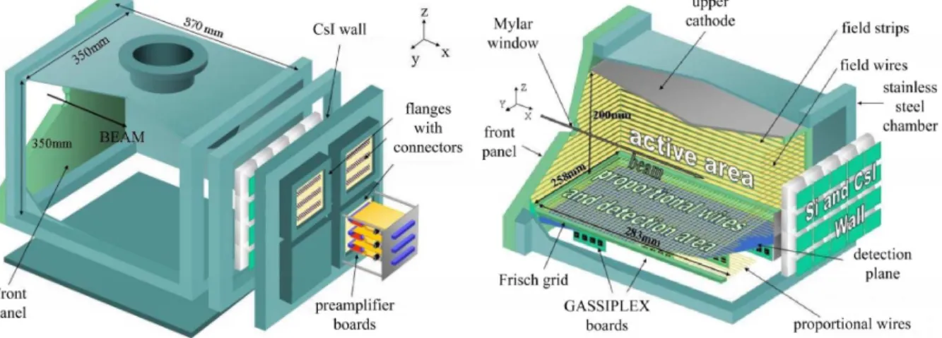 Figure 1. Schematic view of the external design (left) and the internal structure (right) of the MAYA detector.