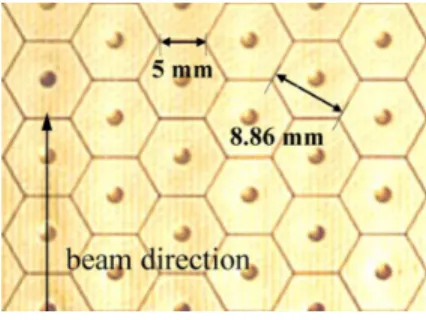 Figure 2. Upper view of hexagonal cathode pads. The arrow shows the direction of incoming beam particles.