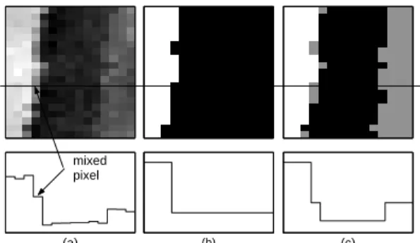 Figure 5: Boundary pixels between two regions often have mixed features (a); they can belong to either one of the neighboring regions (b), but in subsequent splits can be  erro-neously associated with a “third” class (c).