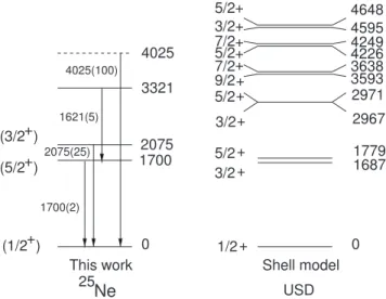 FIG. 8: Levels of 25 Ne observed in d( 26 Ne, 25 Ne)t. Predic- Predic-tion from shell-model calculaPredic-tions performed with the USD interaction are also presented.