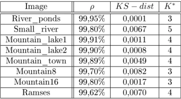 Table 1: Results for the DSEM algorithm applied to all the employed SAR images: correla- correla-tion coecient ρ and Kolmogorov-Smirnov distance KS − dist between the estimated pdf and the image histogram and optimal number K ∗ of mixture components.
