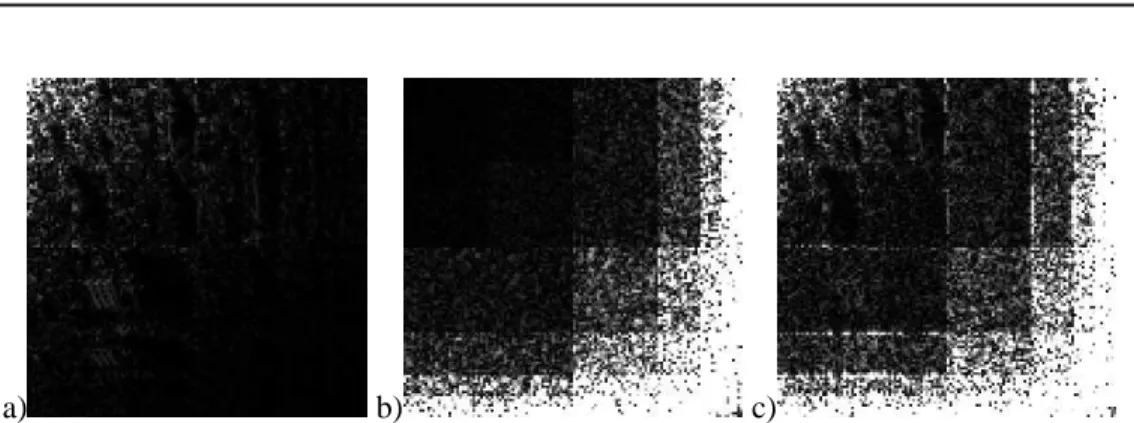 Figure 3.1: Representations in a real wavelet packet basis : a) original image  , b) deconvolved noise, c) deconvolved image by nonregularized inversion