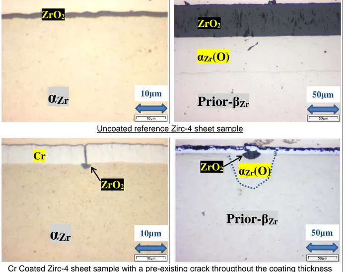 Figure 5 – Optical micrographs of uncoated and Cr coated Zircaloy-4 sheets samples  for the 1 st  generation of Cr coating with some initial (as-received) local defects/cracks: 