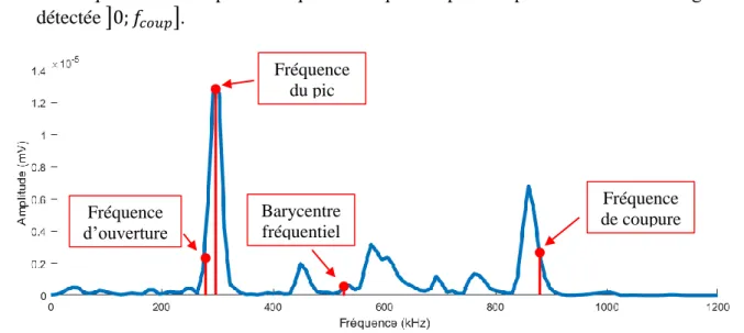 Fig. 2. Spectre fréquentiel d’un signal d’émission acoustique avec la représentation des différentes fréquences  caractéristiques