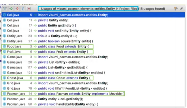 Fig. 2: IntelliJ - Find Usages of “Entity” (only 4 of 18 lines are relevant)