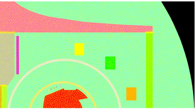 Figure 4: Zoom on an example mesh in the ABB domain case for WEST tokamak. Dierent parts of the machine appear in dierent colors (iron structure, PF coils, vacuum vessel, limiter).