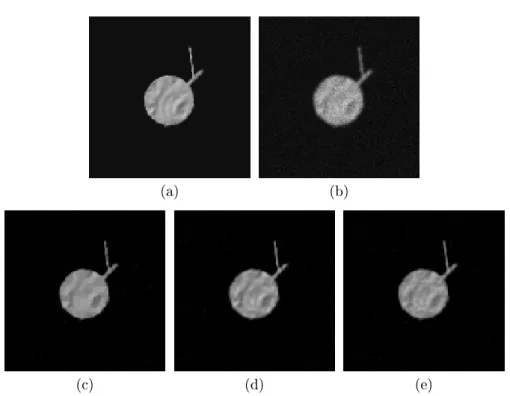Figure 8: Restoration of a blur and noisy synthetic image. (a) is the original im- im-age, (b) is the degraded version ( P SN R = 28.60 dB ), (c) is the result obtained with the Total Variation prior ( P SN R = 33.87 dB ), (d) is the result obtained with t