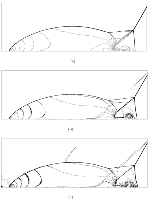 Figure 8: Double Mach reflection problem: density ρ, 30 equally spaced contours of density profile at t = 0.2 obtained with a mesh of h = 1/480, CFL=0.15 and C SUPG = 0.5