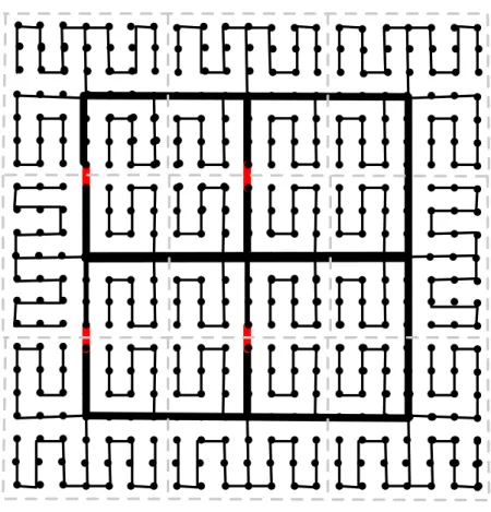 Figure 2: Spanner of Proposition 4 for n = 21 and a = 3. Edges of the a × a grid are in bold