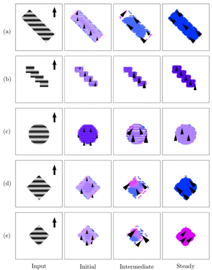Figure 9: Model response to upward moving gratings presented behind various aperture shapes