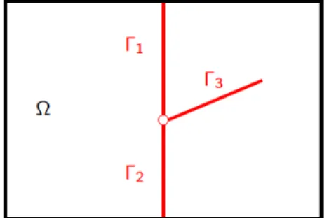 Figure 1: Example of a 2D DFM with the matrix domain Ω and 3 intersecting fractures Γ i , i = 1, 2, 3.