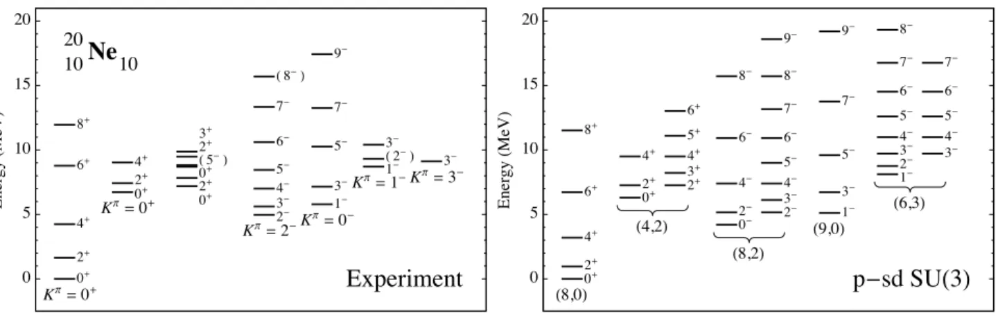 Fig. 6: Observed energy spectrum of 20 Ne (taken from NNDC [55]) compared with the eigenspectrum of a two-shell SU(3) hamiltonian