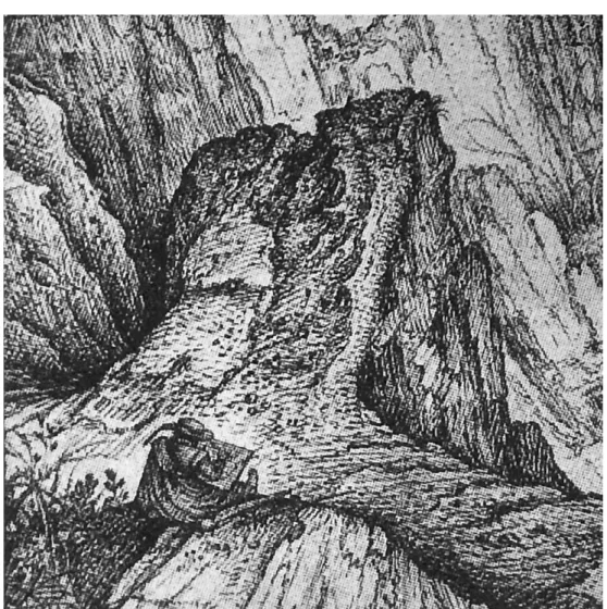 Fig. 2     SAVE R Y, Rœlandt ( 1606 ). Paysage montagneux avec un dessinateur   (détail).