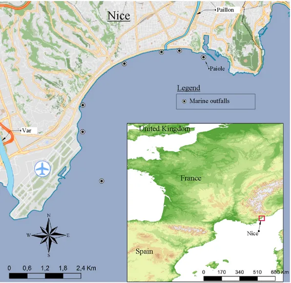 Figure 1: Location of Nice and its 7 marine outfalls