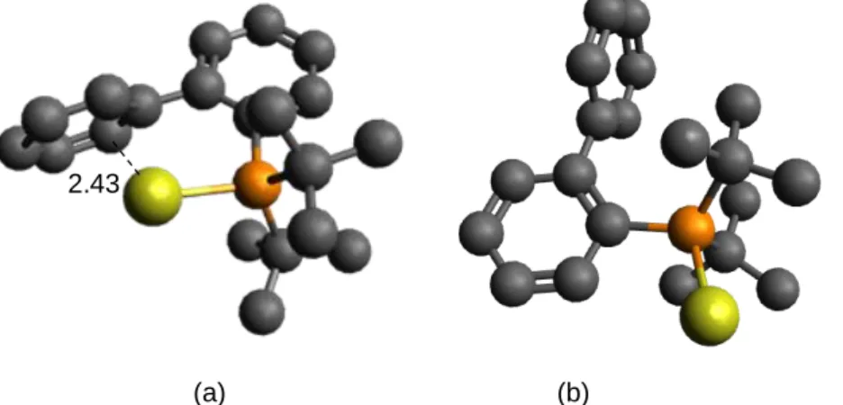Figure  5.  Two  conformations  of  the  JohnPhos(Au + )  ion  at  the  DFT  PBE/def2-SVP  level  (yellow:  Au; 